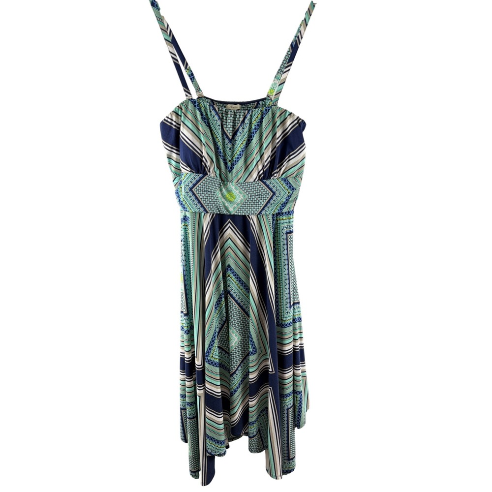 SOMA Geometric Print Handkerchief Hem Dress Blue Teal Sz L Convertible Straps